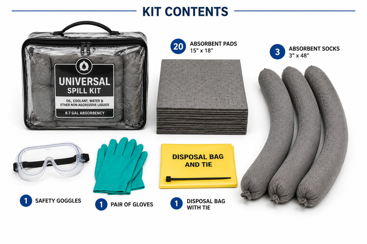 Universal compact spill kit contents including 20 absorbent pads, 3 socks, gloves, goggles and disposal bag