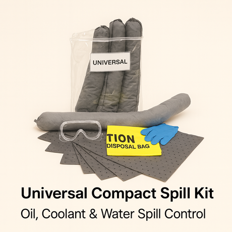Universal Compact Spill Kit with gloves, goggles, and absorbent pads on a white background