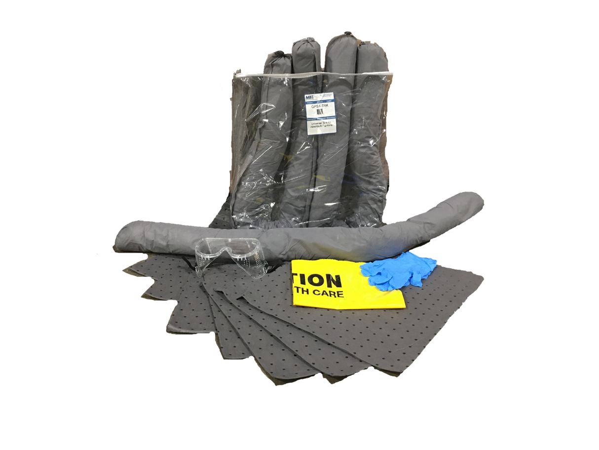 Universal Compact Spill Kit with gloves, goggles, and absorbent pads on a white background