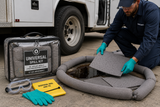 Universal compact spill kit used to contain and absorb a fluid spill beside a service truck